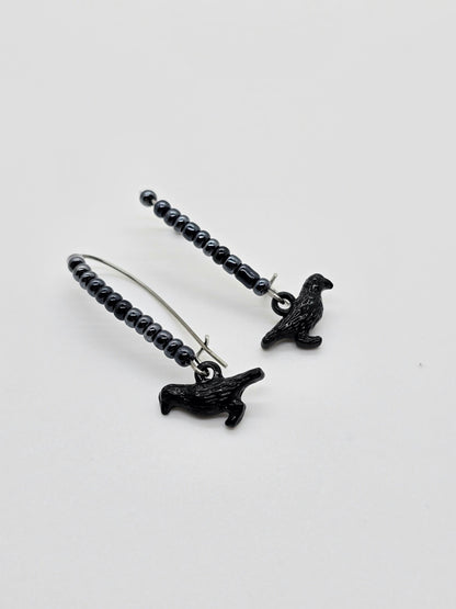 Raven or Crow Charms and Black Seed Beads on Dangle Earrings - Drop Earrings - Kidney-shaped Earring Hooks - Edgar Allan Poe Fan -Nevermore