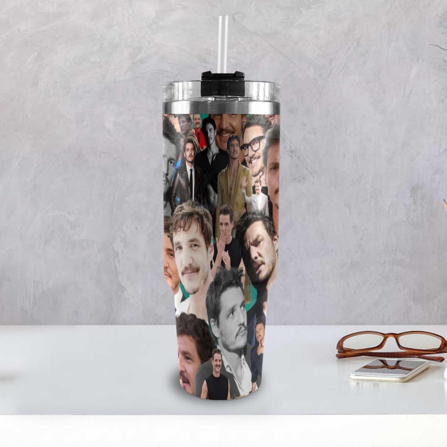 Pedro Pascal Collage 40 oz Tumbler w/ Handle - Insulated - Hot or Cold - Water Coffee - Travel Mug - Durable Stainless Steel - Straw