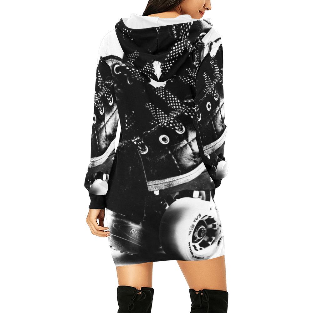 Roller Derby Skates Print Women's Pullover Hoodie Mini Dress- Roller Skating Inspired Hooded Sweatshirt Maximalist Streetwear Fashion