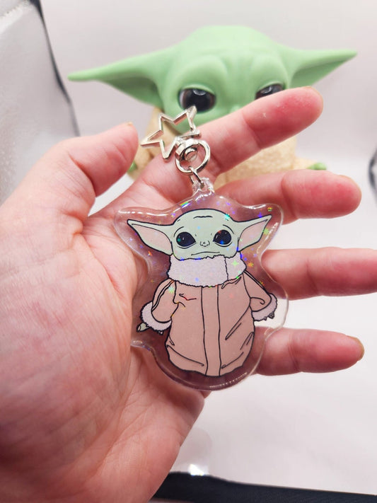 The Child Sparkly Acrylic Keychain w/  Star-Shaped Key Ring 3" Tall - Double Sided - Hologram - Star Wars Grogu Baby Yoda Inspired Bag Charm