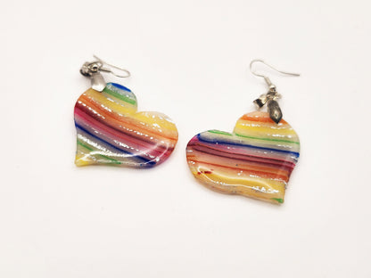Handmade Medium Rainbow Stripes in Translucent Polymer Clay Heart Shaped Earrings w/ Silver Colored Hooks - Dangly Drop Dangle Ear Wire