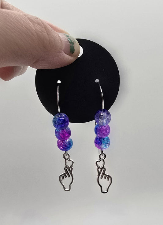 3 Options - K-Pop Finger Heart Dangle Earrings w/ Beaded Loop Earring Hooks - Drop Earrings - Purple Pink Blue White