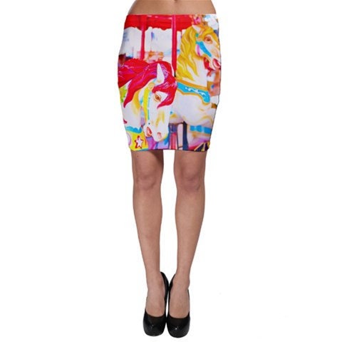 SAMPLE SALE - X-SMALL Carousel Horses Bodycon Mid-Thigh Skirt - Photography Inspired Fashion - Coney Island Collection - Red Yellow White Allover Print