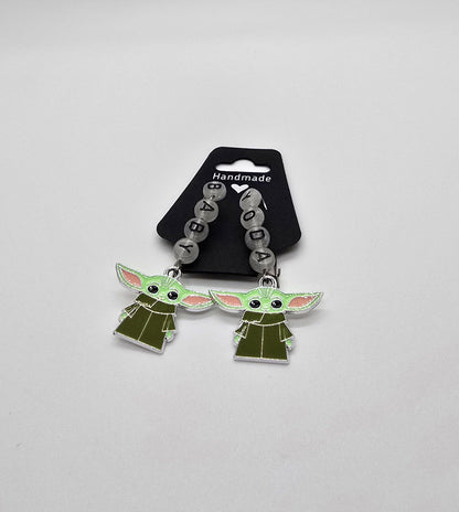 Baby Yoda Glow In The Dark Letter Beads & Enamel Charms on Stainless Steel Earring Hooks - Star Wars Grogu Inspired Jewelry