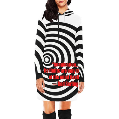 Rod Serling Imagination Quote Allover Print Women's Pullover Hoodie Mini Dress- Twilight Zone Inspired Hooded Sweatshirt Maximalist Fashion