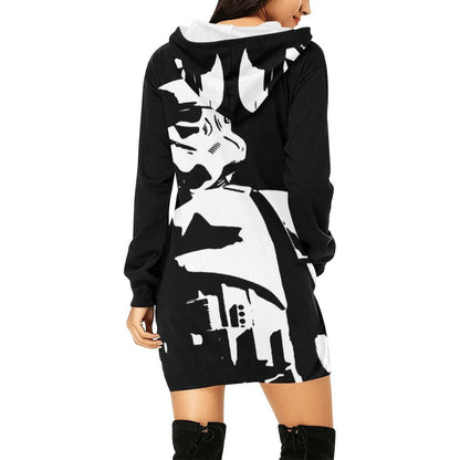 Tall Dark & Stormy Allover Print Women's Pullover Hoodie Dress- Star Wars Inspired Hooded Sweatshirt - Stormtrooper - 501st - Black White