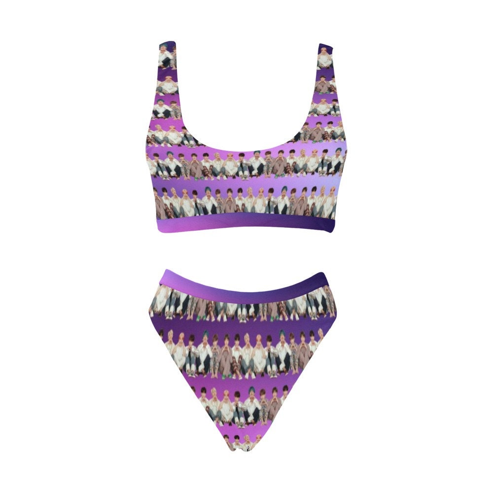 BTS Stripes Sport Top and High-Waist Bikini Swimsuit Set - K-Pop Inspired Fashion Swimwear - High Cut Leg - Purple - Bangtan