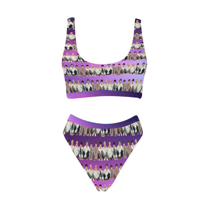 BTS Stripes Sport Top and High-Waist Bikini Swimsuit Set - K-Pop Inspired Fashion Swimwear - High Cut Leg - Purple - Bangtan