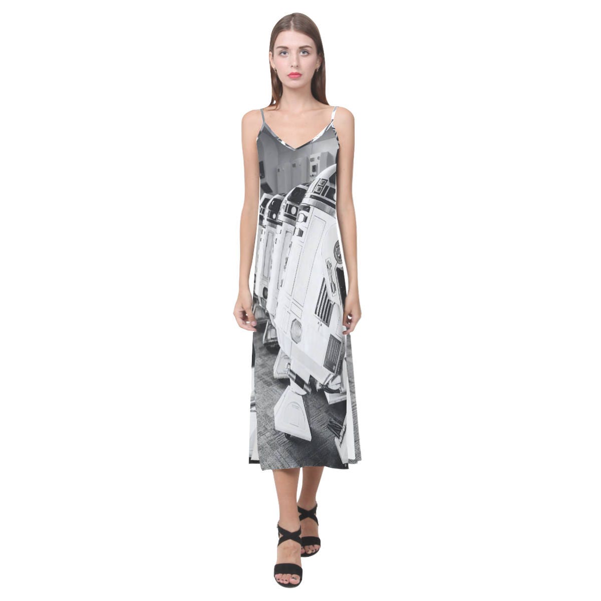Droid Line R2-D2 & Friends Black and White V-Neck Slip Dress - Star Wars Inspired Women's Fashion - Sleeveless - Spaghetti Strap - Geek Girl
