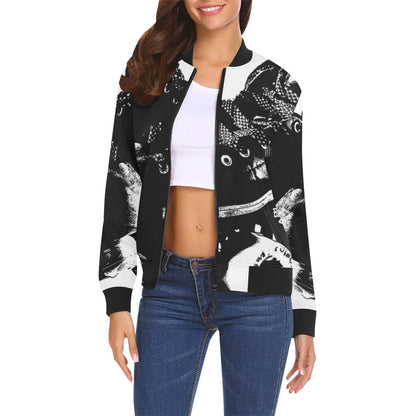 Derby Skates Women's Bomber Jacket w/ Solid Black Cuffs, Collar, & Waist - Roller Derby - Roller Girl - Roller Skating - Chicks in Bowls