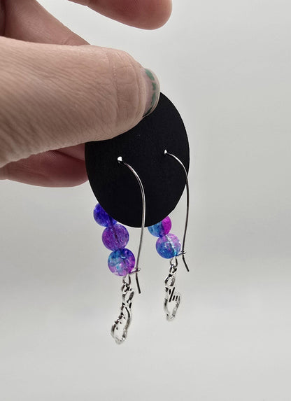 3 Options - K-Pop Finger Heart Dangle Earrings w/ Beaded Loop Earring Hooks - Drop Earrings - Purple Pink Blue White