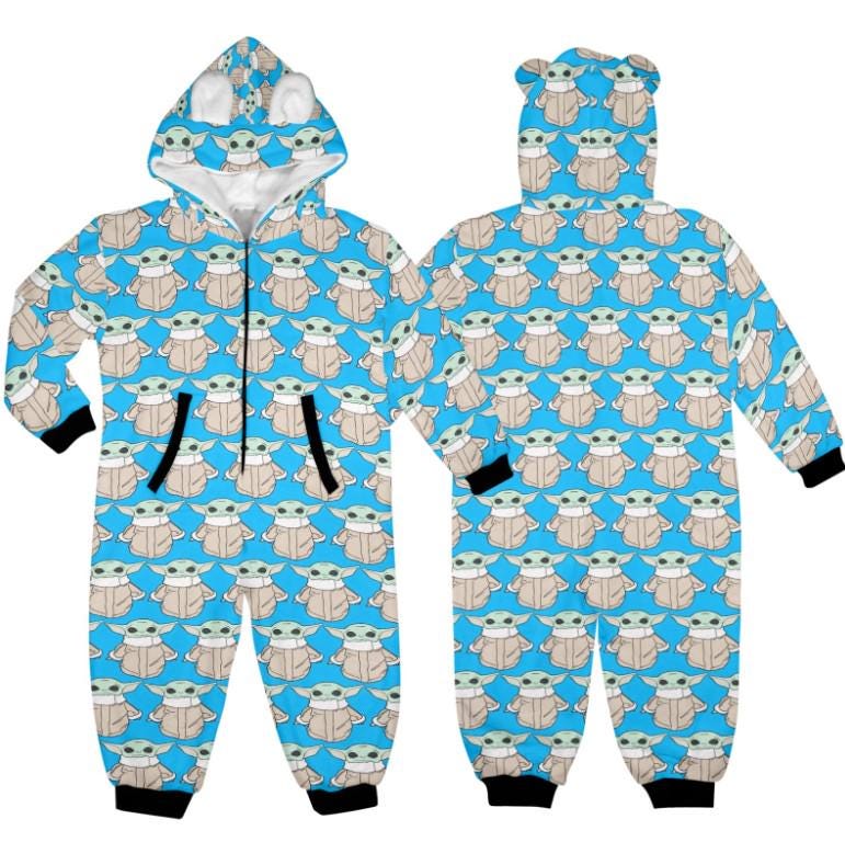 The Child on Blue Print Hooded Onesie Pajamas For Little Kids w/ Ears - Star Wars Grogu Baby Yoda Inspired Children's Sleepwear - PJ's