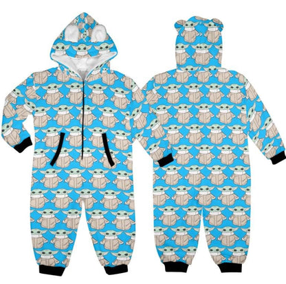 The Child on Blue Print Hooded Onesie Pajamas For Little Kids w/ Ears - Star Wars Grogu Baby Yoda Inspired Children's Sleepwear - PJ's