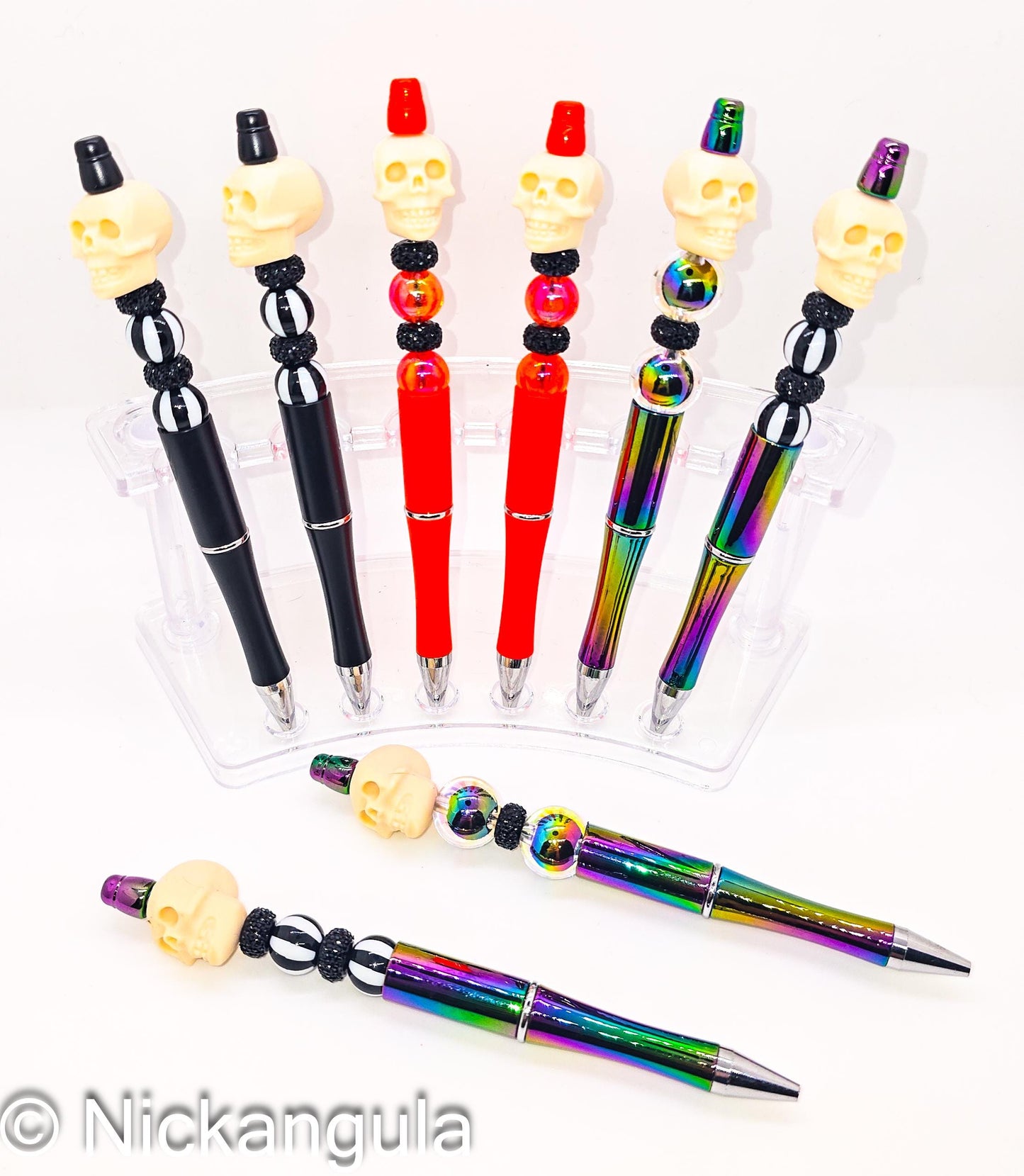 Skull Focal Beaded Ballpoint Pen - Creepy Horror Inspired Pens - Silicone and Acrylic Beads & Plastic Pen - Black Neon Orange Rainbow