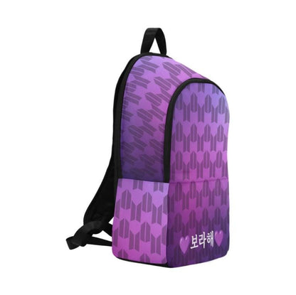 Borahae in Korean on BTS & ARMY Logos Fabric Backpack - K-Pop Inspired School Accessories - Bangtan - I Purple You - BTS Bag