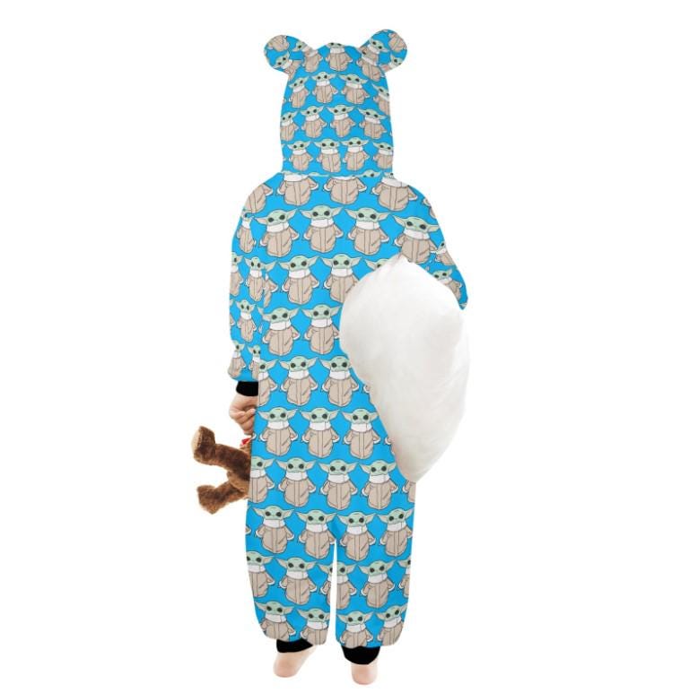 The Child on Blue Print Hooded Onesie Pajamas For Little Kids w/ Ears - Star Wars Grogu Baby Yoda Inspired Children's Sleepwear - PJ's
