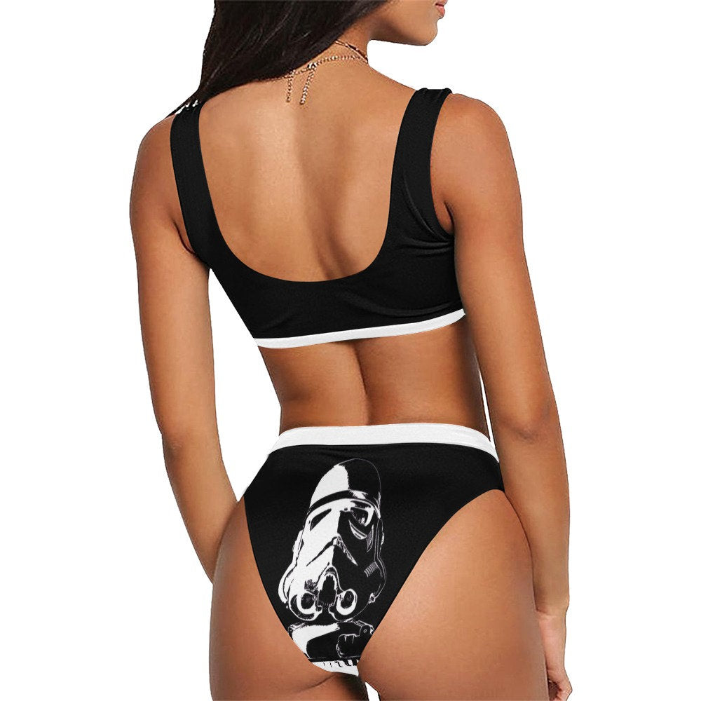Stormtrooper Stamp Sport Top & High-Waist Bikini Swimsuit Set - Star Wars Inspired Swimwear - Black and White- High Cut Leg - Sexy Geek
