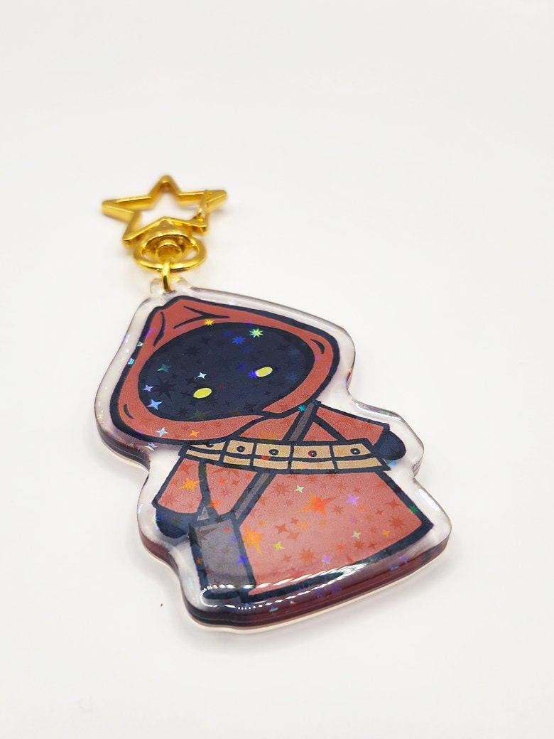 Chibi Jawa Sparkly Acrylic Keychain with Gold Star-Shaped Key Ring - 3" Tall - Double Sided - Hologram - Star Wars Inspired Gift - Bag Charm