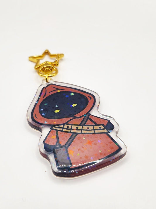 Chibi Jawa Sparkly Acrylic Keychain with Gold Star-Shaped Key Ring - 3" Tall - Double Sided - Hologram - Star Wars Inspired Gift - Bag Charm