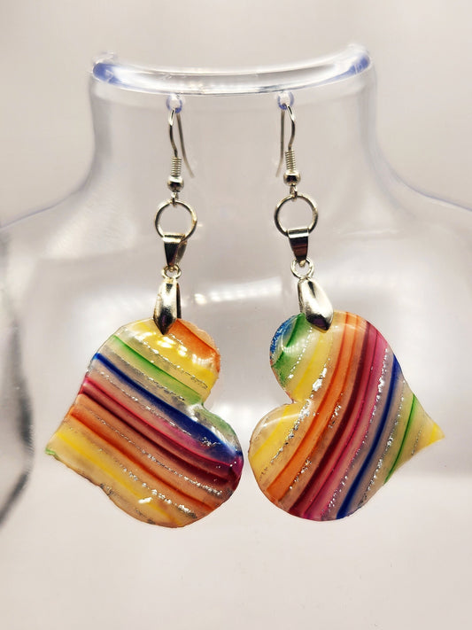 Handmade Medium Rainbow Stripes in Translucent Polymer Clay Heart Shaped Earrings w/ Silver Colored Hooks - Dangly Drop Dangle Ear Wire