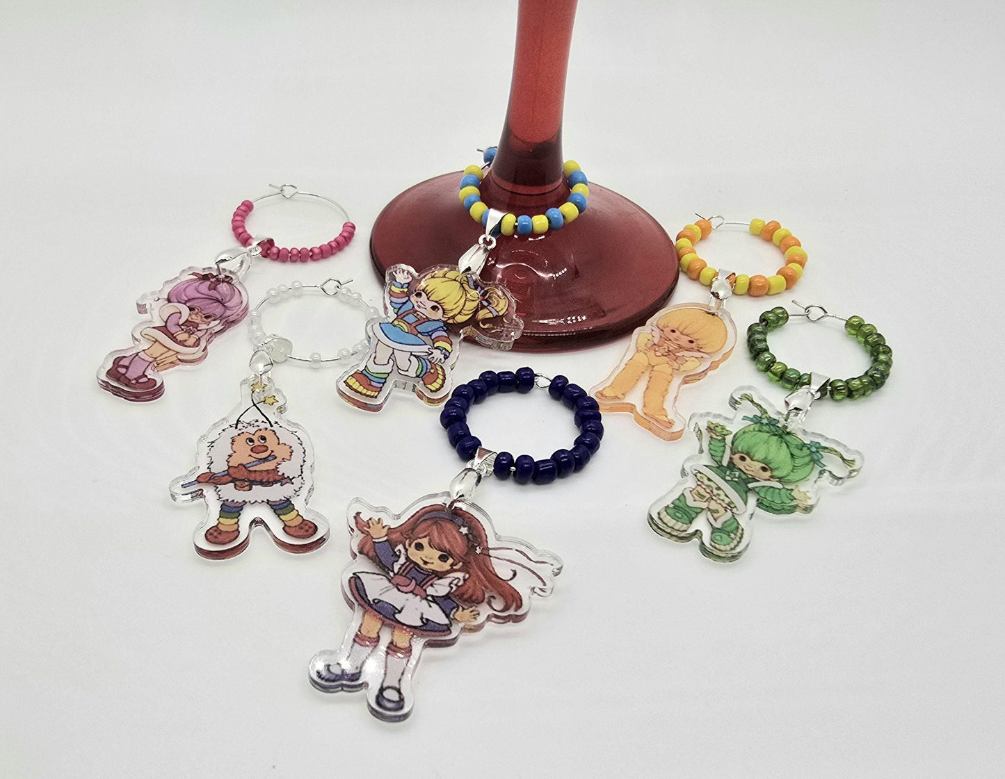 6 Pc Set Acrylic Rainbow Brite Wine Glass ID Charms - Drink Markers - 80's Nostalgia Gift Idea