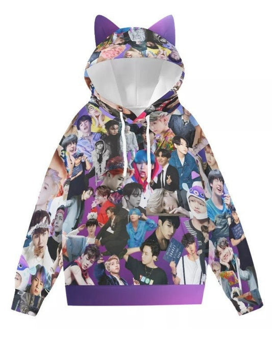 BTS Collage Print Lightweight Cat Ear Hoodie - K-Pop Fashion - Lightweight Pullover Hooded Sweatshirt - Jin Jimin Jung Kook V Rm Suga JHope