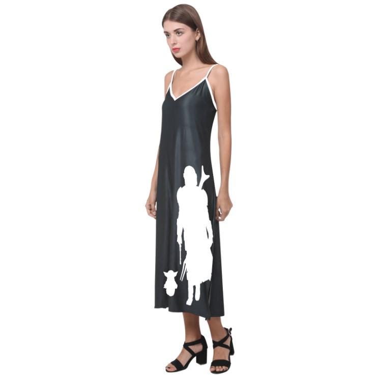 Mando & The Child Black and White V-Neck Slip Dress - Star Wars Mandalorian Inspired Women's Fashion - Spaghetti Strap - Baby Yoda Grogu