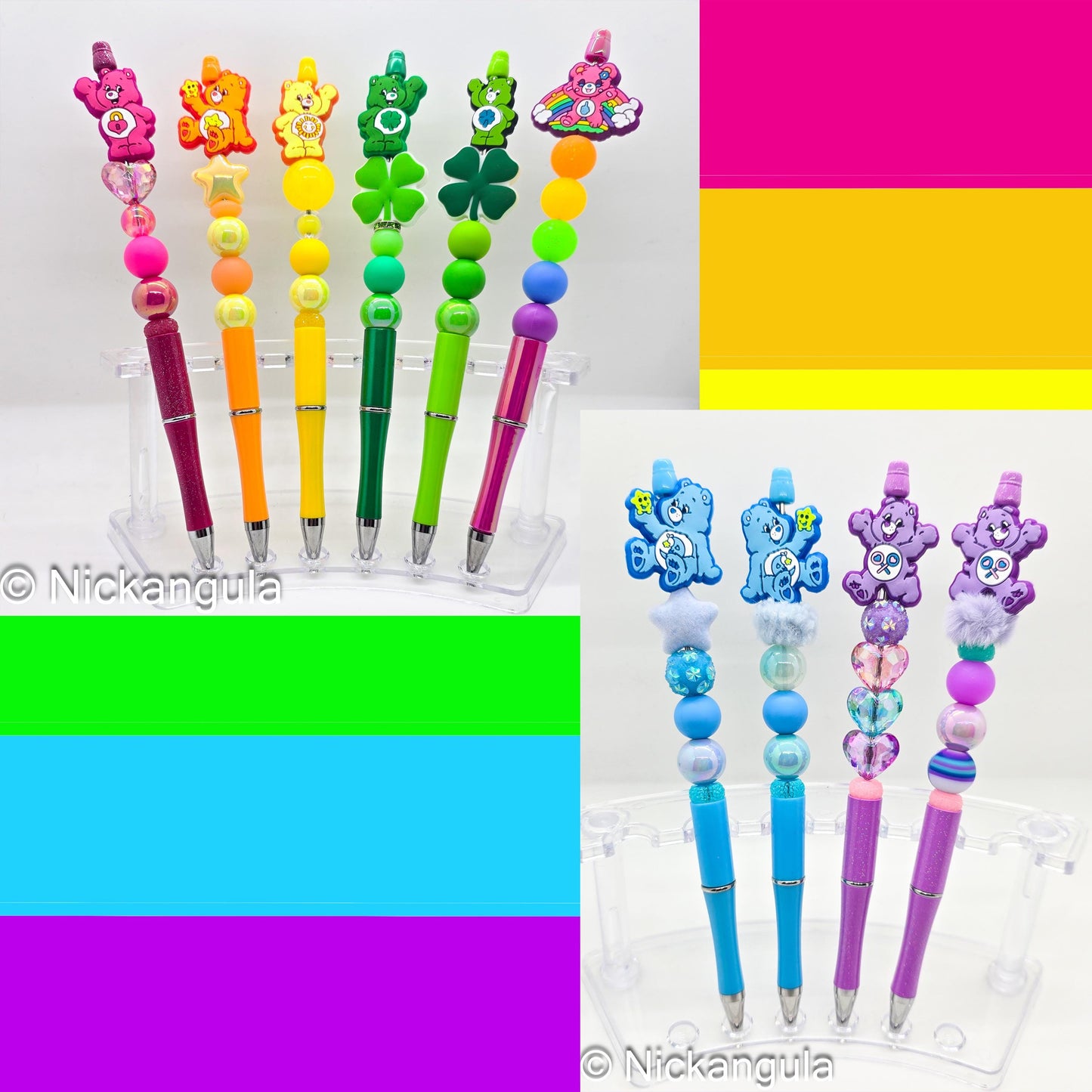 Extra Tall Care Bears Inspired Beaded Ballpoint Pens - Beadable Pen Silicone Beads & Plastic Pen - 80's Kid Office Coworker School Gift - Care Bear