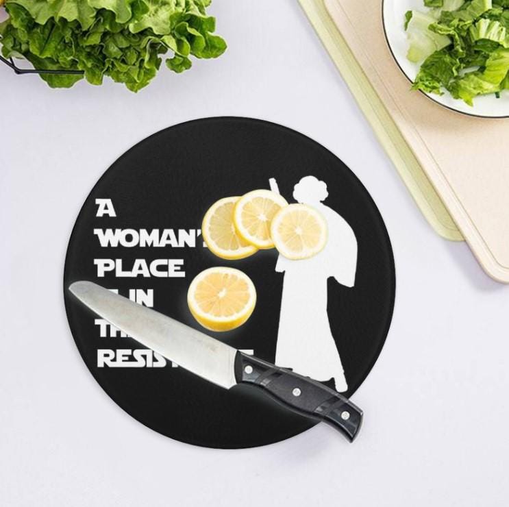 A Woman's Place Is In The Resistance Leia Silhouette 7.9" Tempered Glass Cutting Board - Star Wars Princess Leia Inspired Kitchen Gift