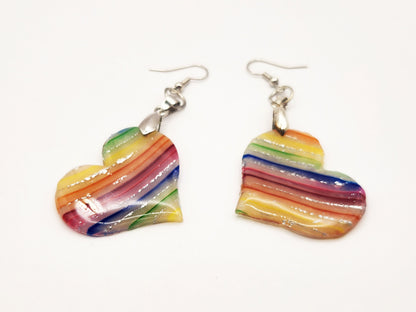 Handmade Medium Rainbow Stripes in Translucent Polymer Clay Heart Shaped Earrings w/ Silver Colored Hooks - Dangly Drop Dangle Ear Wire
