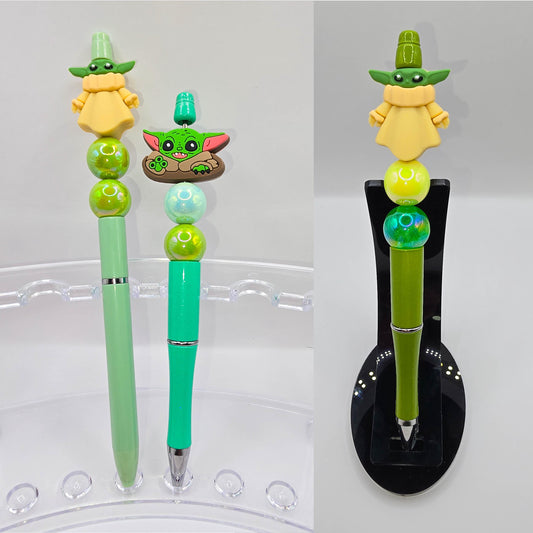 The Child Beaded Ballpoint Pen w/ Black Ink - Star Wars Grogu Baby Yoda Inspired Gift Idea - Silicone & Acrylic Beads and Plastic Pen