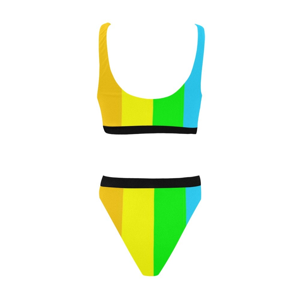Rainbow Stripes Sport Top & High-Waist Bikini Swimsuit Set - High Cut Leg -  LGBTQIA+ Pride Bathing Suit - Swimwear - Gym Top - Colorful