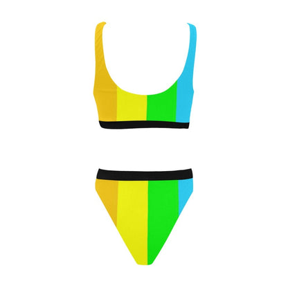 Rainbow Stripes Sport Top & High-Waist Bikini Swimsuit Set - High Cut Leg -  LGBTQIA+ Pride Bathing Suit - Swimwear - Gym Top - Colorful