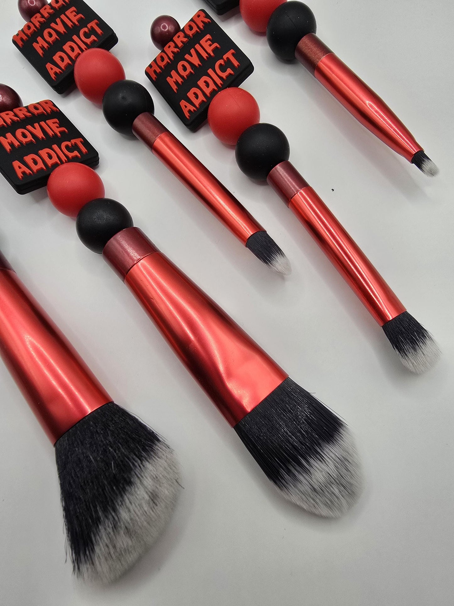 Horror Movie Addict 5 pc Makeup Brush Set - Cosmetic Beauty Tools - Black Red - Beaded - Scary Movies Fan Inspired Brushes Gift Idea