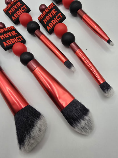 Horror Movie Addict 5 pc Makeup Brush Set - Cosmetic Beauty Tools - Black Red - Beaded - Scary Movies Fan Inspired Brushes Gift Idea