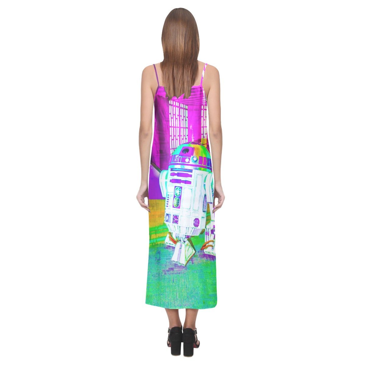 Rainbow Droid V-Neck Slip Dress - Star Wars Inspired Women's Fashion - Sleeveless - Spaghetti Strap - Geek Girl - R2-D2 - Artoo Detoo - Neon Dopamine Dressing