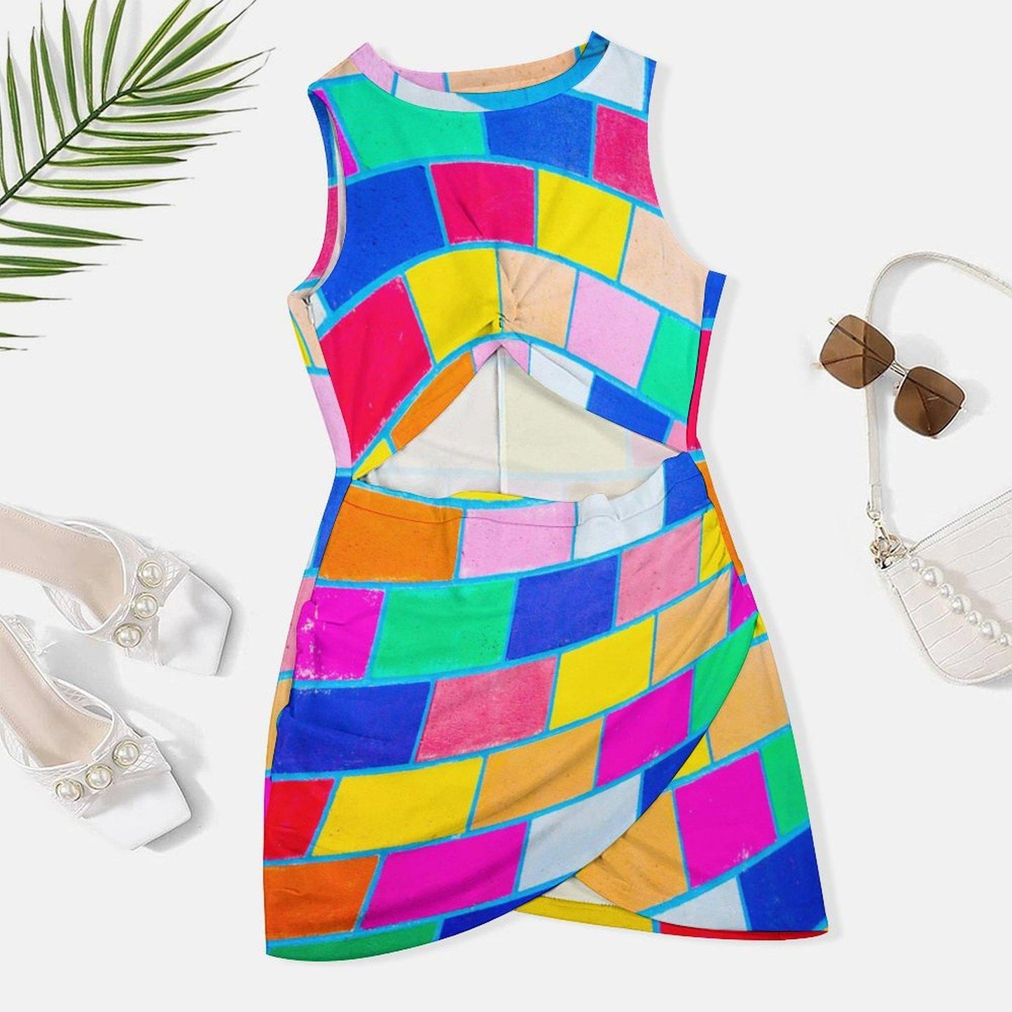Rainbow Brick Print Cutout Waist Twist Dress - Sleeveless - Colorful 2026 Fashion Trends - Allover Print - Dopamine Dressing