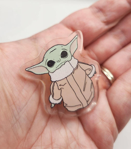 The Child 1.5" Clear Acrylic Pin w/ Yellow Star Silicone Back - Star Wars Grogu Baby Yoda Inspired Accessories - Geek Gift