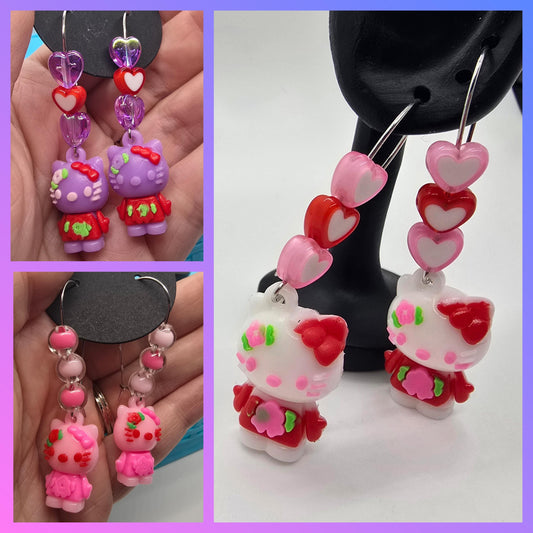 3 Styles - Hello Kitty Silicone Charms on Stainless Steel Kidney-shaped Dangle Earring Hooks - Cute Beaded Drop Earrings