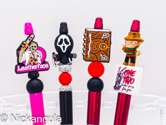 Horror Theme Beaded Ballpoint Pen - Scary Movie Inspired Pens - Silicone Beads & Plastic Pen - Leatherface Scream Necrinomicon Freddy