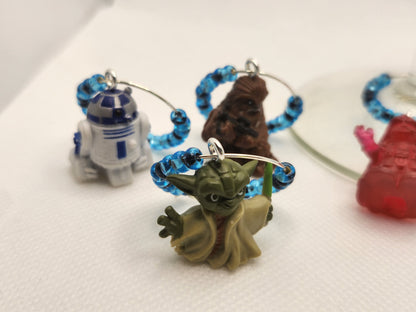 6 Pc Set Star Wars Figures Wine Charms - Darth Vader Princess Leia Luke Skywalker Chewbacca R2-D2 Yoda - Star Wars Pods - Drink Markers