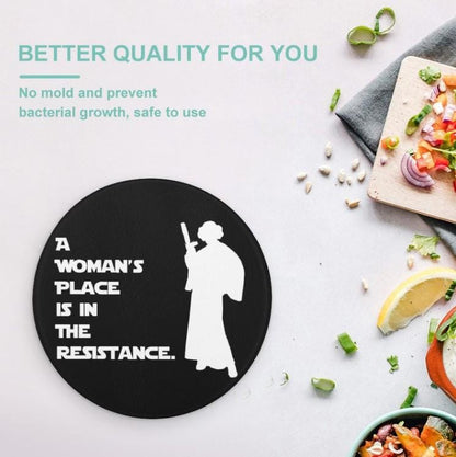 A Woman's Place Is In The Resistance Leia Silhouette 7.9" Tempered Glass Cutting Board - Star Wars Princess Leia Inspired Kitchen Gift