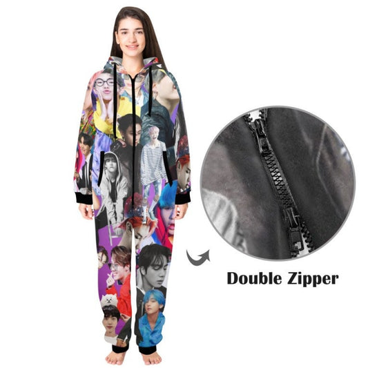 Purple BTS Collage Unisex Adult One Piece Onesie Pajamas - K-Pop Inspired Sleepwear Loungewear - Jin Jimin JHope JungKook Suga RM V - Lounge