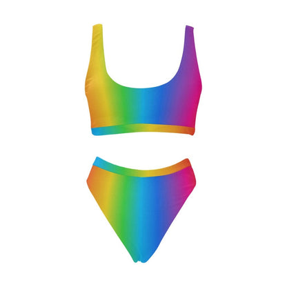 Rainbow Ombre Sport Top & High-Waist Bikini Swimsuit Set - High Cut Leg -  LGBTQIA+ Pride Bathing Suit - Swimwear - Gym Top - Colorful