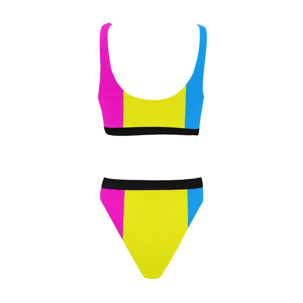 Pan Stripes Sport Top & High-Waist Bikini Swimsuit Set - High Cut Leg - Pride Bathing Suit - Swimwear - Gym Top - Pink Yellow Blue Pansexual Pride
