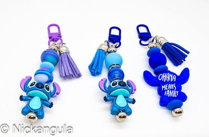 Stitch Bag Charms - Cute Alien Character Inspired Purse Decoration - Handbag Charm - Ohana Means Family - Hawaiian Saying - Leather Tassel