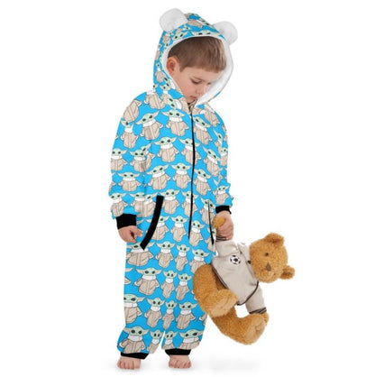 The Child on Blue Print Hooded Onesie Pajamas For Little Kids w/ Ears - Star Wars Grogu Baby Yoda Inspired Children's Sleepwear - PJ's