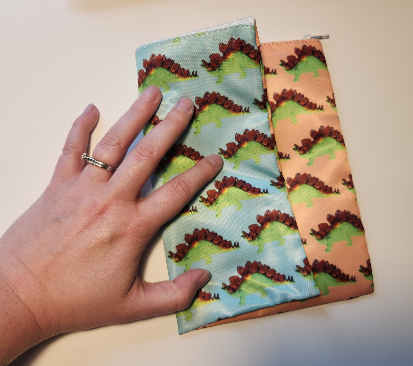 Stego Print XL Zippered Cosmetic or Storage Bag - Dinosaur Makeup Case - Art & School Supplies Organizer - Blue Peach - Stegosaurus