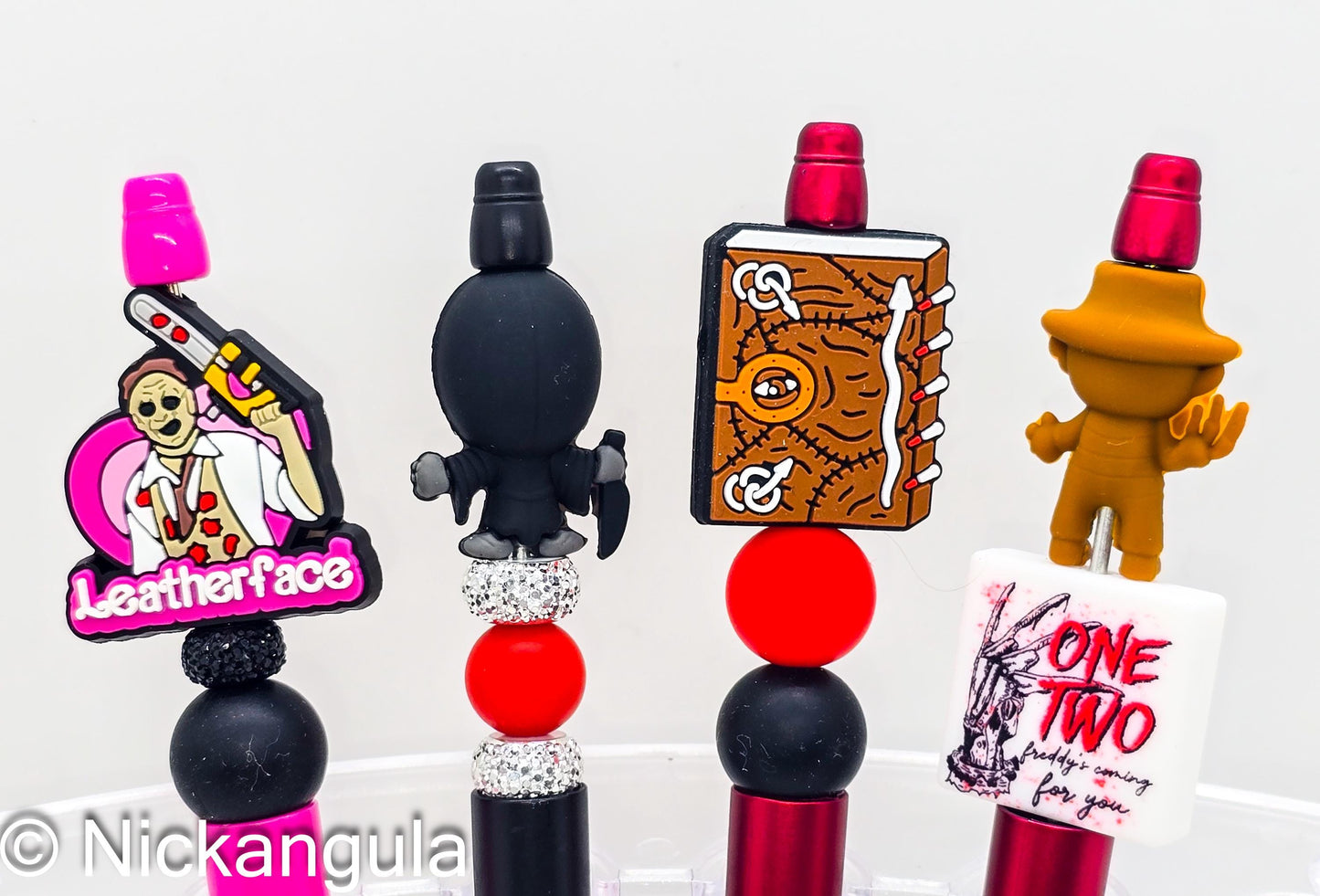 Horror Theme Beaded Ballpoint Pen - Scary Movie Inspired Pens - Silicone Beads & Plastic Pen - Leatherface Scream Necrinomicon Freddy