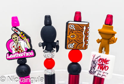 Horror Theme Beaded Ballpoint Pen - Scary Movie Inspired Pens - Silicone Beads & Plastic Pen - Leatherface Scream Necrinomicon Freddy